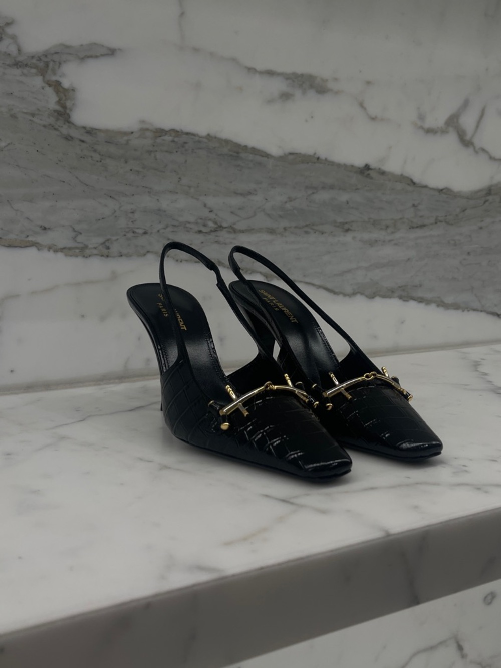 Saint Laurent Black Croc-Embossed Slingback Pumps with Gold Accent